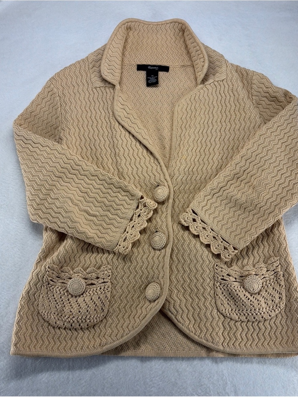 Raisey Tan Chevron Knit Cardigan – Crochet Trim , Size M, 100% Cotton